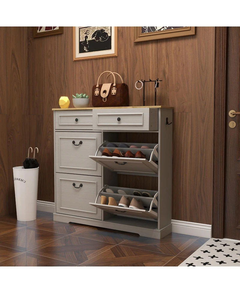 Streamdale Furniture Shoe Storage Cabinet - 2 Drawers, 4 Flip Drawers - Antique White