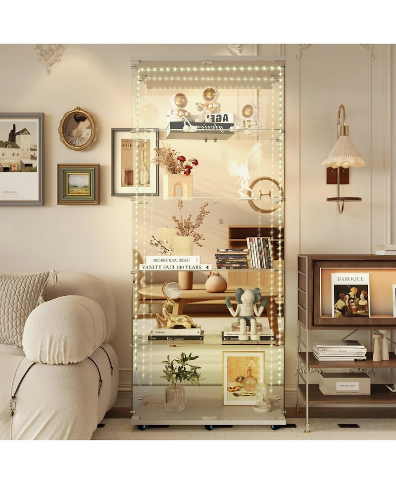 Streamdale Furniture Tempered Glass Display Cabinet w/ Led, Lock, Mirror Back