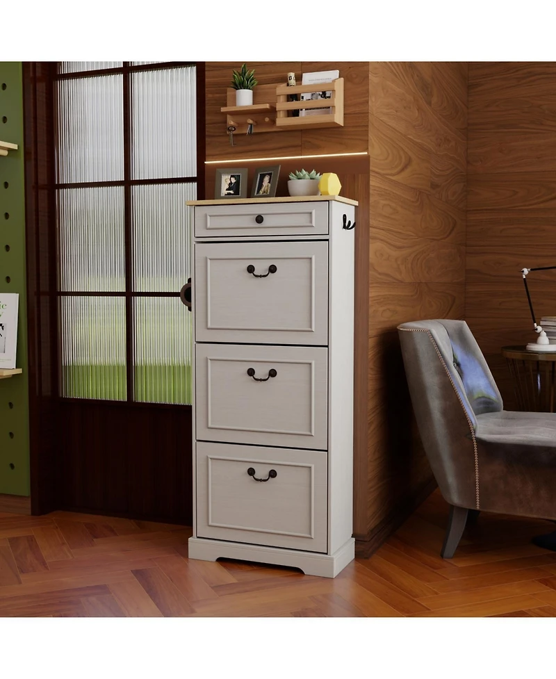 Streamdale FurnitureShoe Storage Cabinet - 3 Flip Drawers, 1 Drawer - Antique White