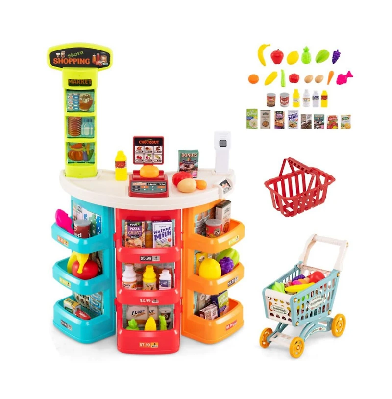 Hongge Kids Grocery Store Playset with Checkout Counter Shopping Cart and Pretend Food Accessories