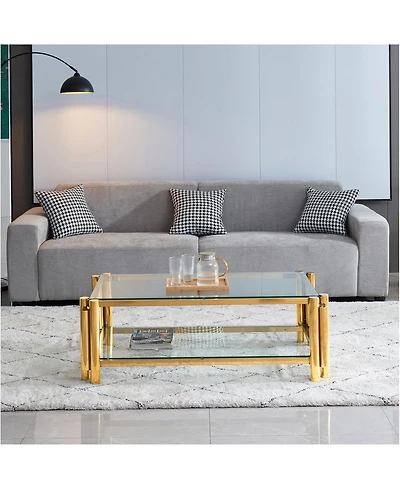 Streamdale Furniture 47" Modern Stainless Steel Coffee Table with Double Clear Tempered Glass, Storage