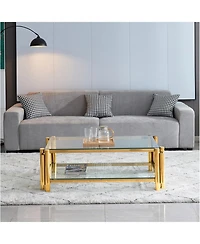 Streamdale Furniture 47" Modern Stainless Steel Coffee Table with Double Clear Tempered Glass, Storage