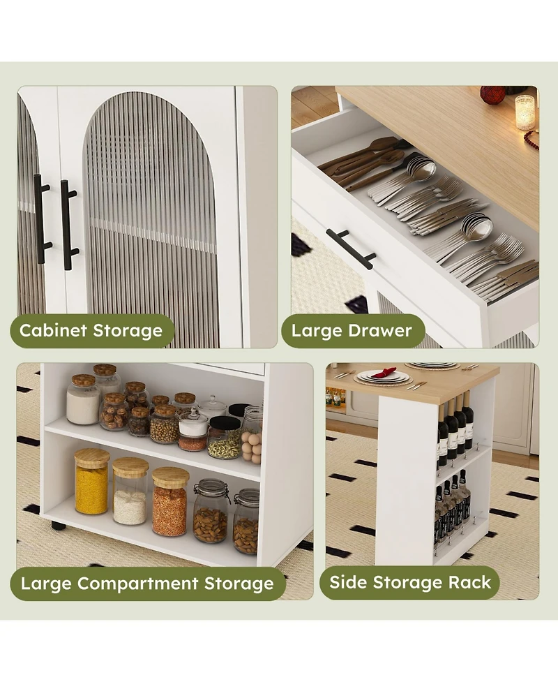 Streamdale Furniture 80" Expandable Kitchen Island, Solid Wood Top, Power Outlet, Mobile Cart