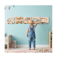 Kids Wall Mounted Sensory Activity Train with Five Skill Building Play Stations