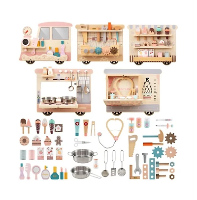 Kids Wall Mounted Sensory Activity Train with Five Skill Building Play Stations