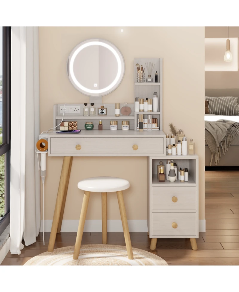 Streamdale Furniture 3-Color Vanity Table w/ Mirror Lights & Charger