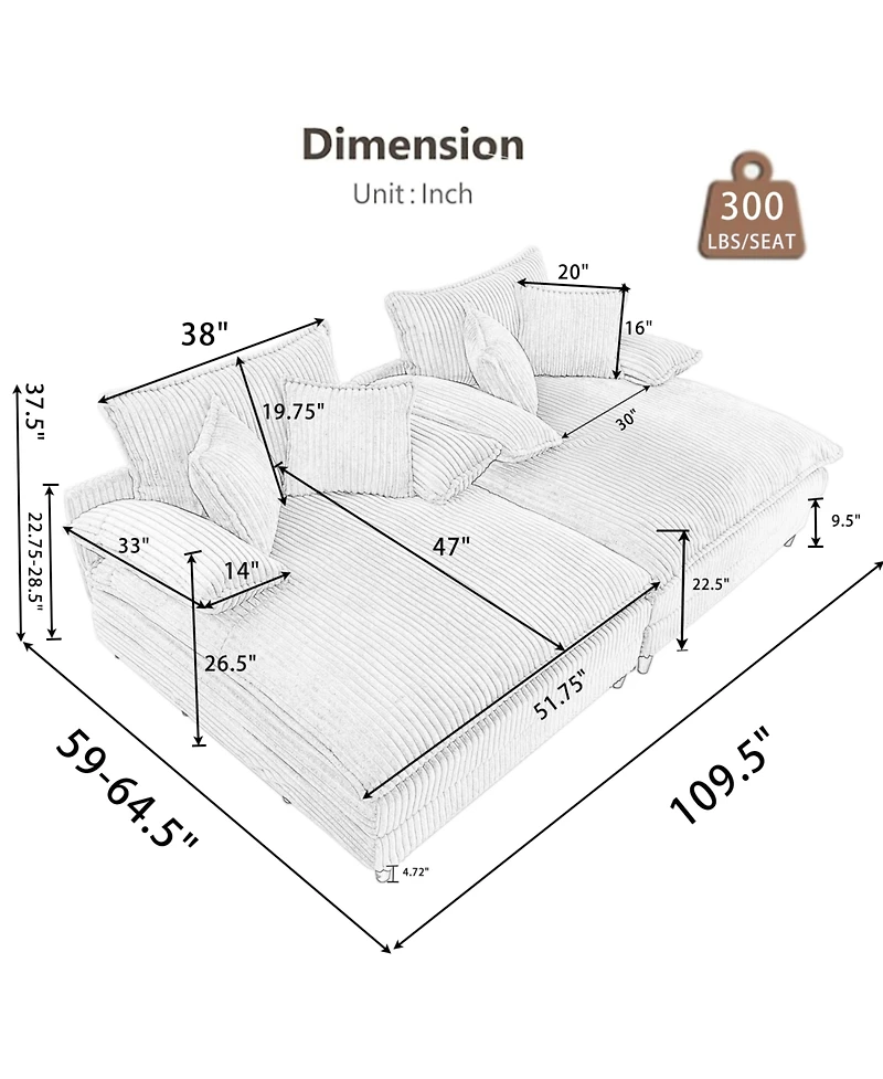 Streamdale Furniture Oversized Corduroy Chaise Lounge Sofa Bed with Pillows - Black