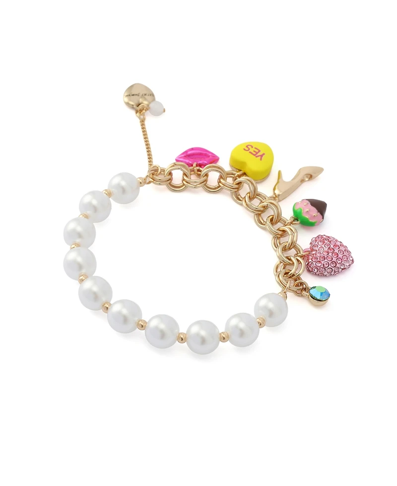 Betsey Johnson Faux Stone Sweetheart Cultivated Pearl Charm Stretch Bracelet