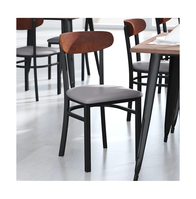 Emma+Oliver Yara Industrial Dining Chair with Rolled Steel Frame and Solid Wood Seat - 500 lbs. Static Weight Capacity