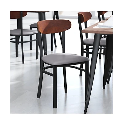 Emma+Oliver Yara Industrial Dining Chair with Rolled Steel Frame and Solid Wood Seat - 500 lbs. Static Weight Capacity