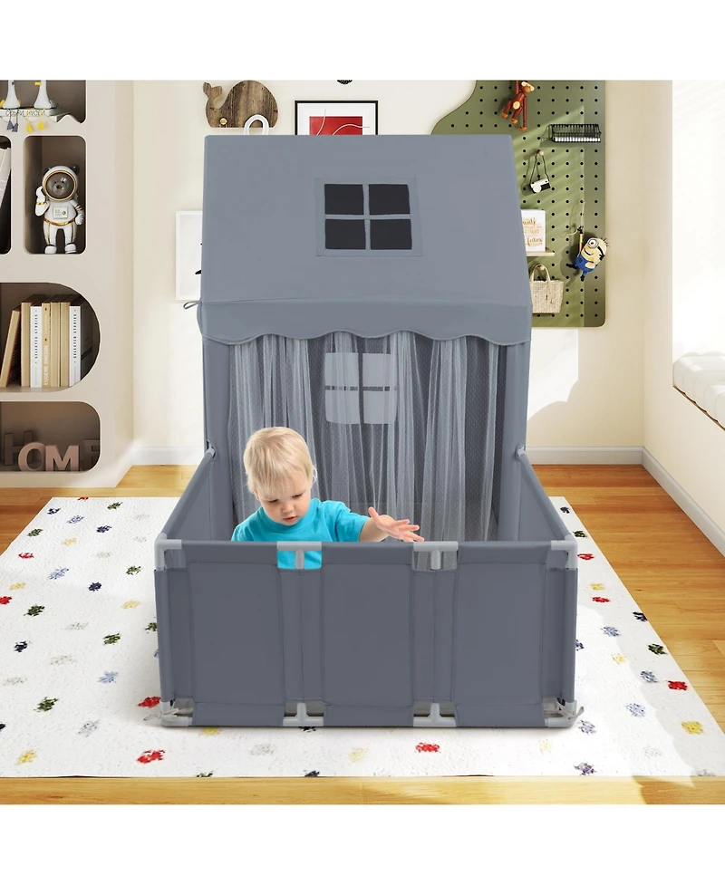 Gymax Kids Play Tent w/Playpen Yard Door Curtains Windows Star Lights for Boys Girls