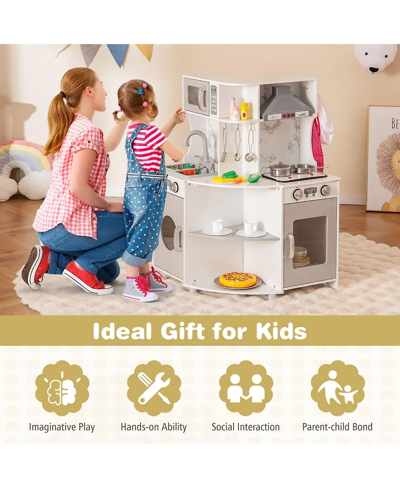 Gymax Corner Wooden Play Kitchen Kids Kitchen Playset w/ Microwave Range Hood Gift