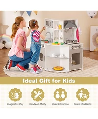 Gymax Corner Wooden Play Kitchen Kids Kitchen Playset w/ Microwave Range Hood Gift