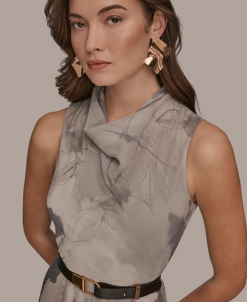 Donna Karan New York Women's Sleeveless Cowl Neck Floral Print Belted A-Line Midi Dress