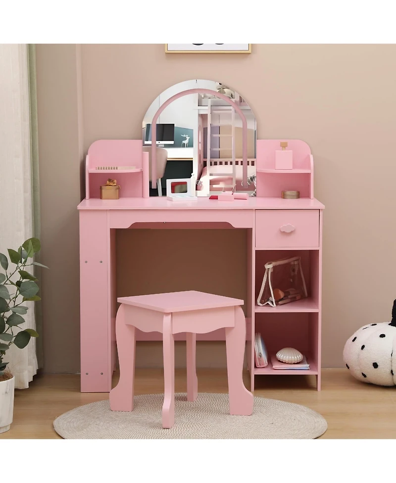 gaomon Kids Vanity with Lighted Mirror & Stool, Little Girls Adjustable Led Light, Bookshelf