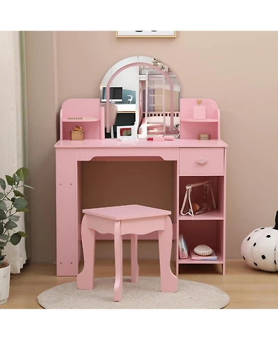 gaomon Kids Vanity with Lighted Mirror & Stool, Little Girls Adjustable Led Light, Bookshelf
