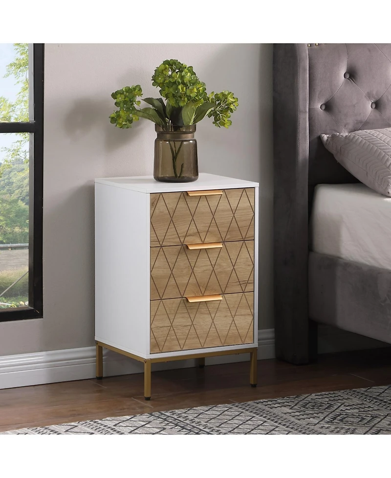 Streamdale Furniture White & Natural Mid-Century Nightstand with Gold Accents