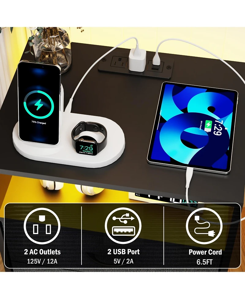 Streamdale Furniture Charging Nightstand with Led & Fabric Drawers