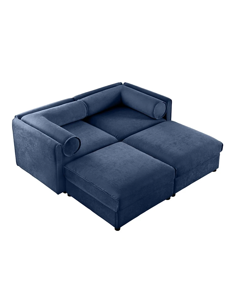 Streamdale Furniture Blue Chenille 2-Seater Sofa with Storage Ottomans