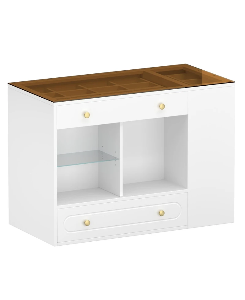 Streamdale Furniture Closet Island with Drawers, Glass Top, Shelves, Jewelry Storage - White