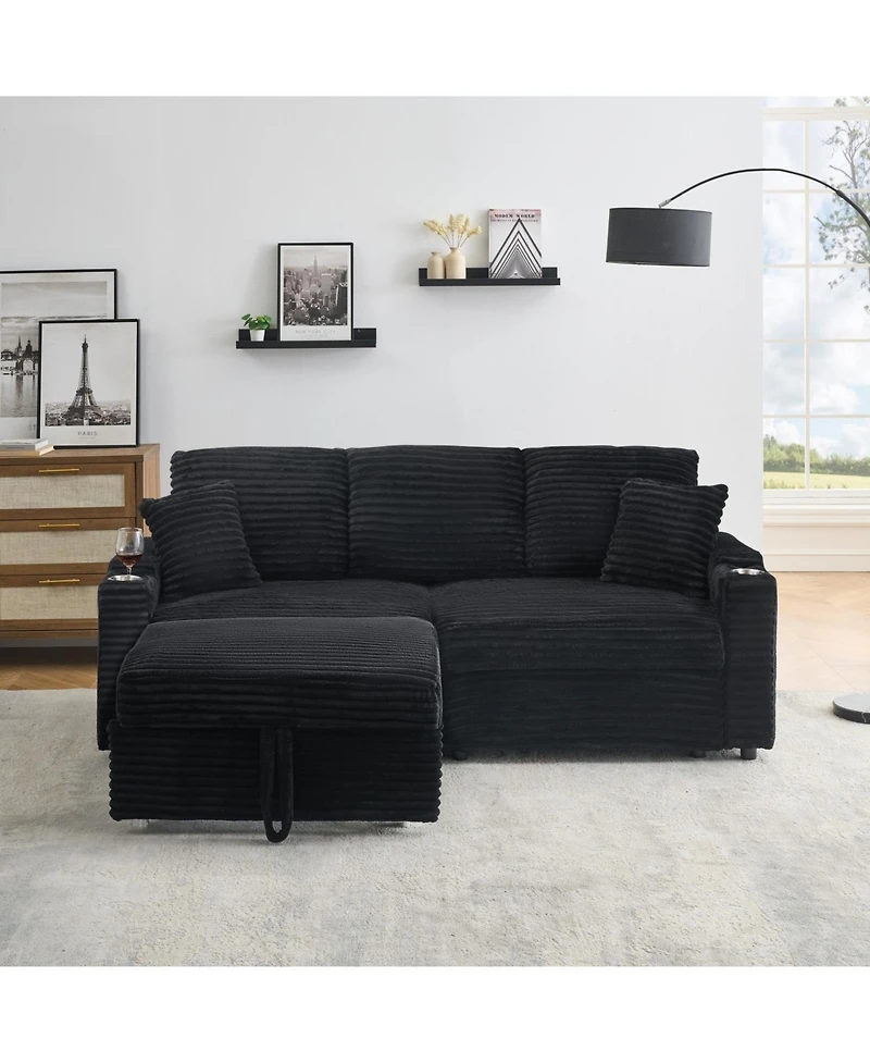Streamdale Furniture 80" Corduroy Sofa with Reclining, Cup Holders & Removable Footstool, Black