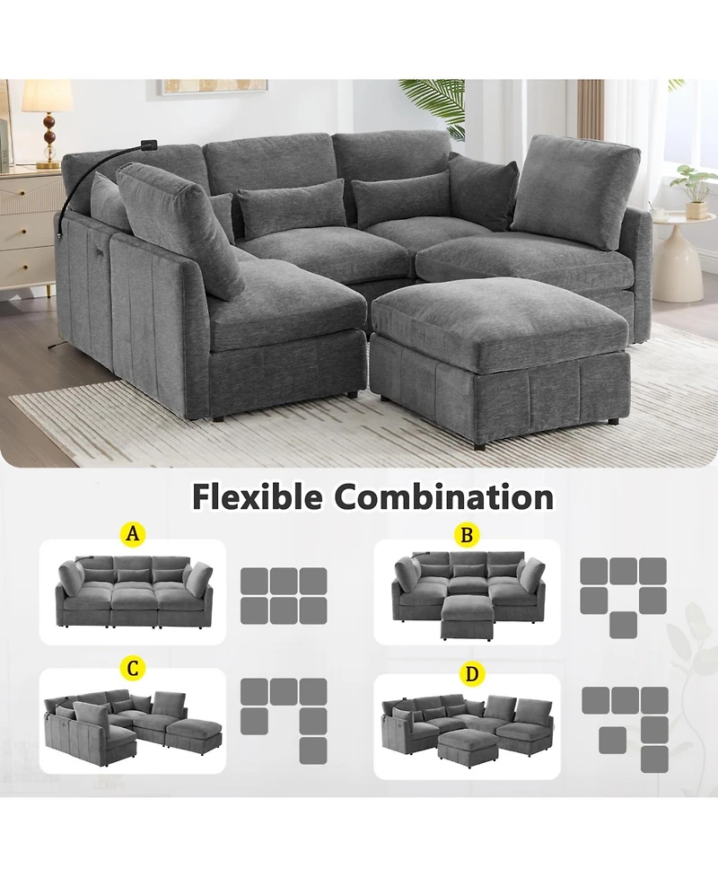 Streamdale Furniture Modern Sectional Sofa U-Shaped Couch w/ Ottoman, Usb & Phone Holder - Grey