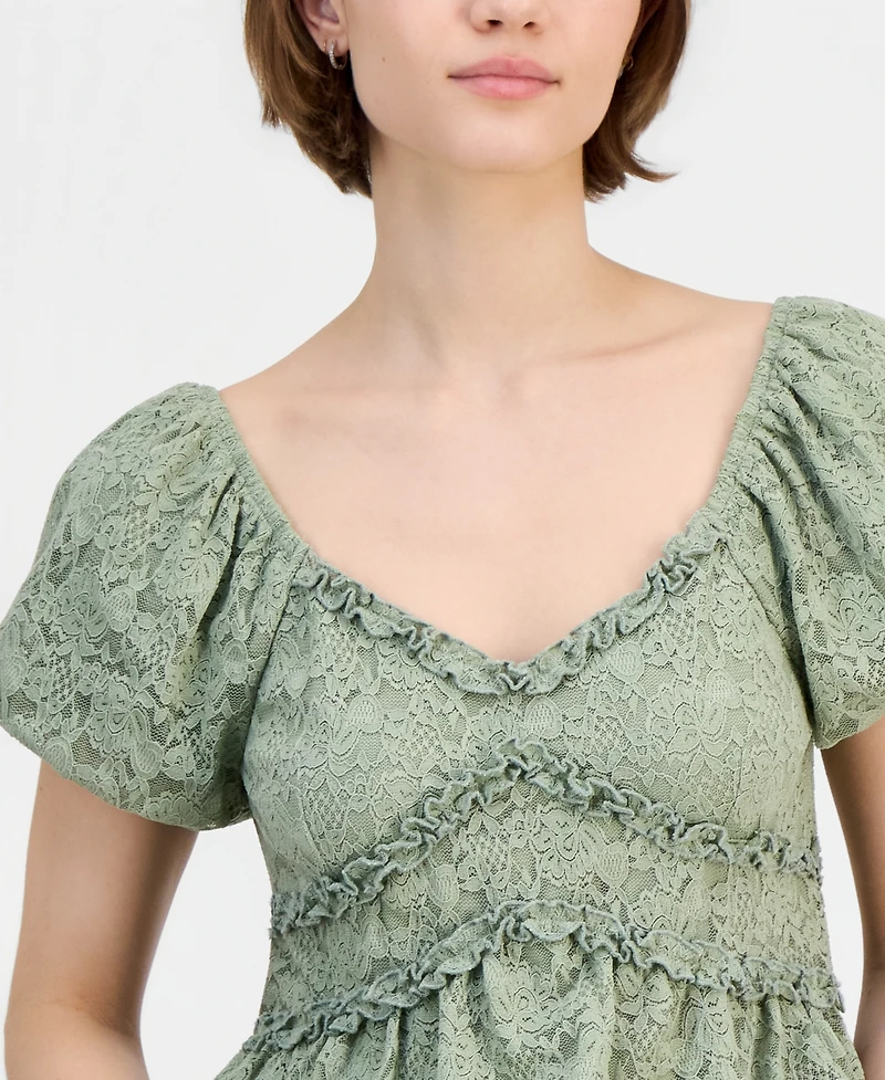 Madden Girl Juniors' Lace Puff-Sleeve Babydoll Top