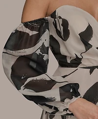 Donna Karan New York Women's Floral Print Sweetheart Neckline Puff Sleeve Gown