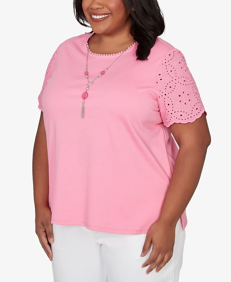 Alfred Dunner Plus Classic Solid Eyelet Sleeve T-Shirt with Necklace