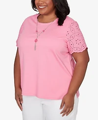 Alfred Dunner Plus Classic Solid Eyelet Sleeve T-Shirt with Necklace