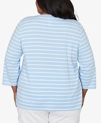 Alfred Dunner Plus Classic Stripe Cornflower Embroidered Sleeve Top with Necklace