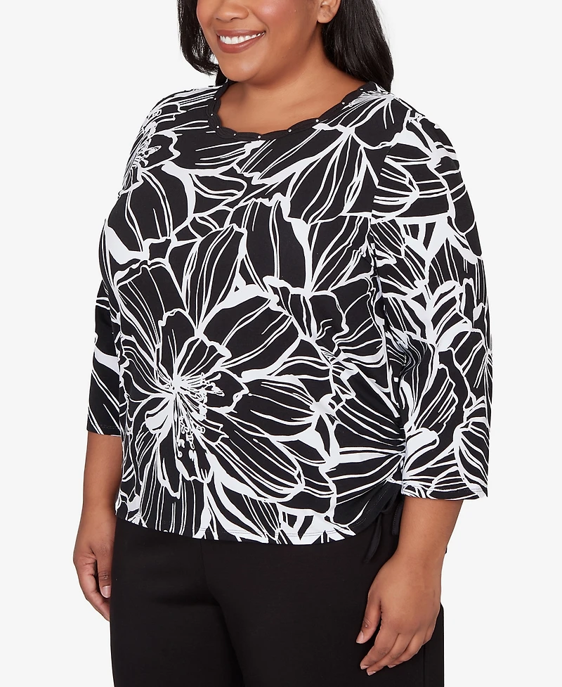 Alfred Dunner Plus Classic Floral Linework Side Tie Ruched Top