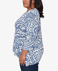 Alfred Dunner Plus Classic Paisley Swirl SharkBite Hem Top with Necklace