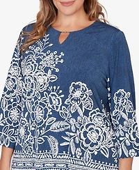Alfred Dunner Plus Classic Floral Border Embroidered Split Neck Top