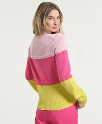 Isaac Mizrahi Women's Braided Color-Block Crewneck Sweater