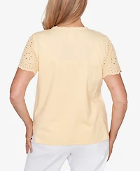 Alfred Dunner Women's Classic Solid Eyelet Sleeve T-Shirt with Necklace