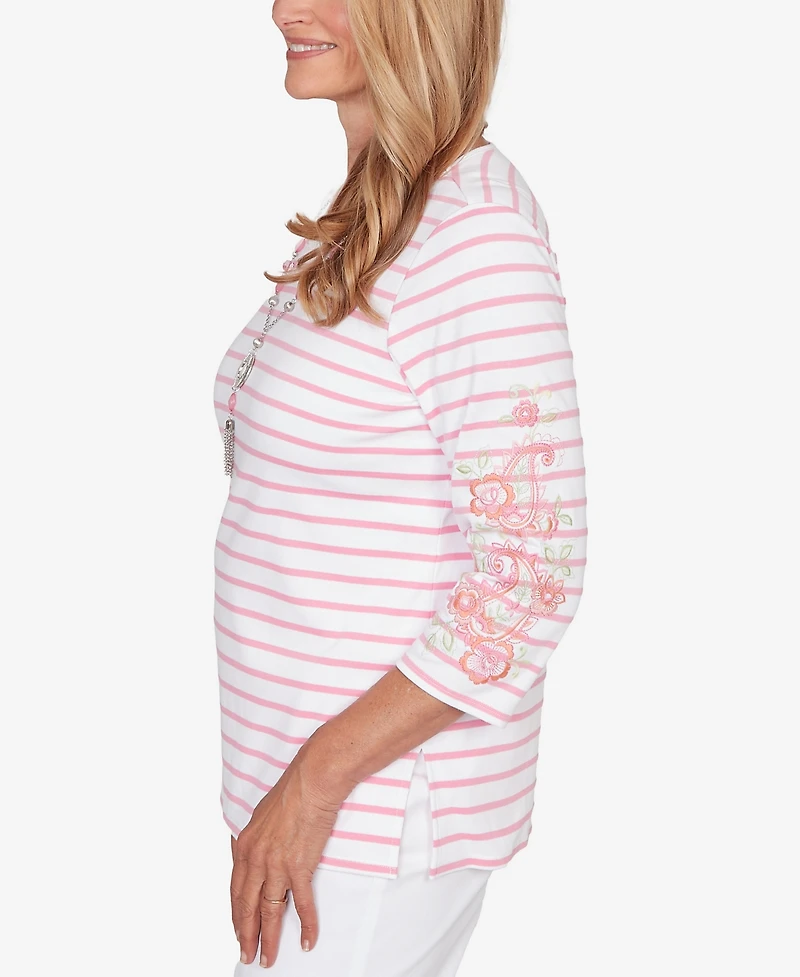 Alfred Dunner Women's Classic Stripe Embroidered Sleeve Top with Necklace