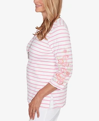Alfred Dunner Women's Classic Stripe Embroidered Sleeve Top with Necklace