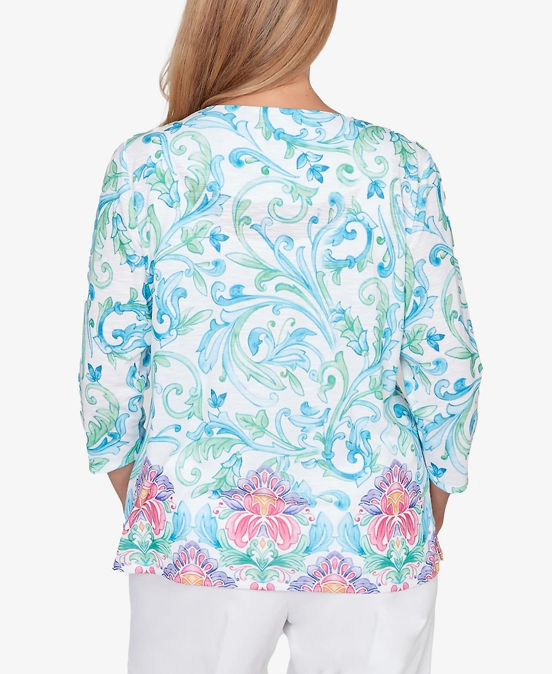 Alfred Dunner Women's Classic Scroll Border Embellished Neck Top