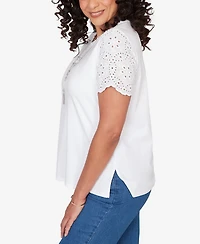 Alfred Dunner Women's Classic Solid Eyelet Sleeve T-Shirt with Necklace