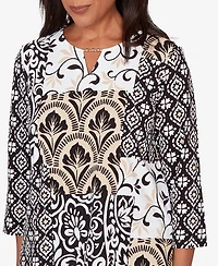 Alfred Dunner Women's Classic Geometric Scroll Patchwork Split Neck Top