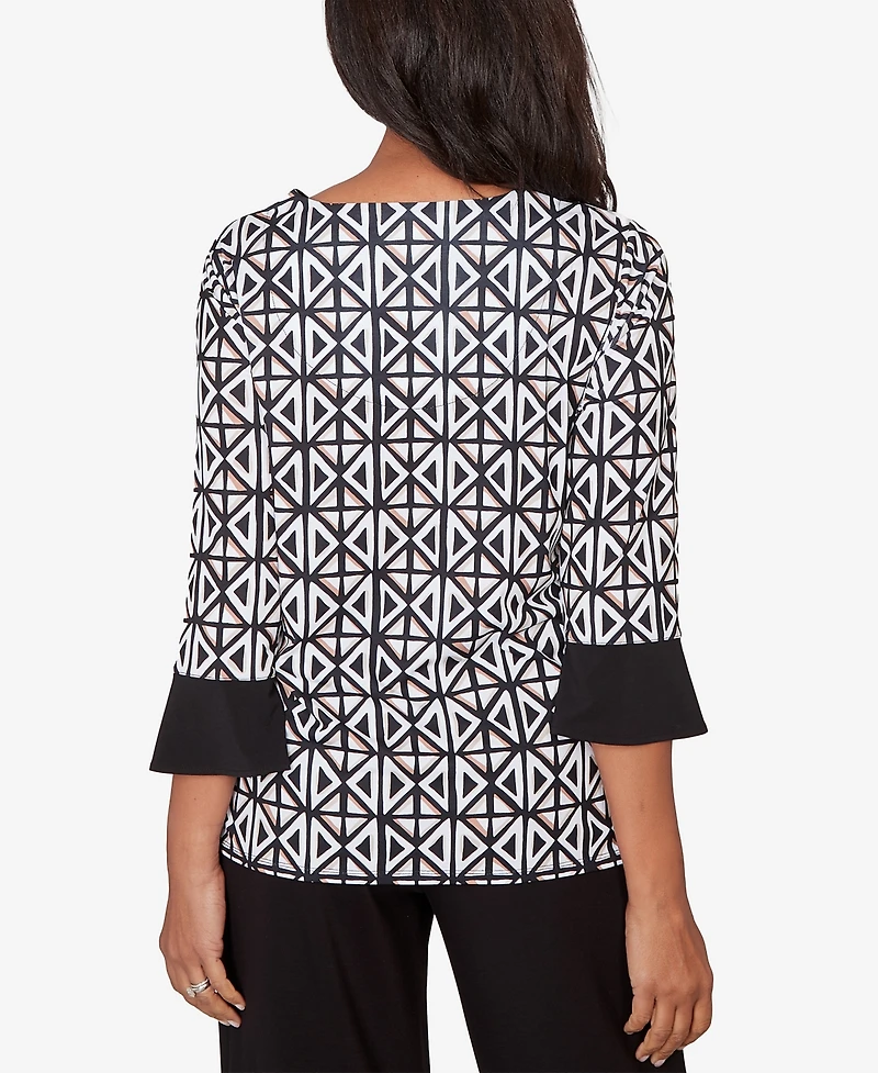 Alfred Dunner Women's Classic Floral Geo Patchwork Split Neck Top