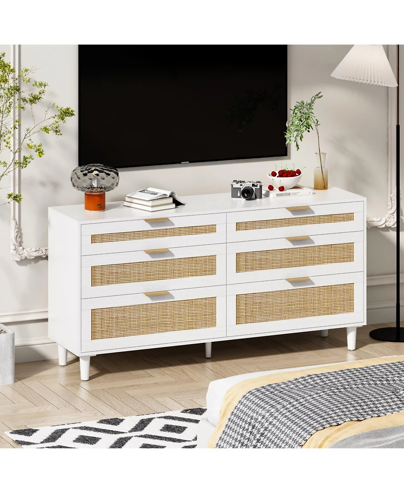 Streamdale 6-Drawer Rattan Dresser with Metal Handle