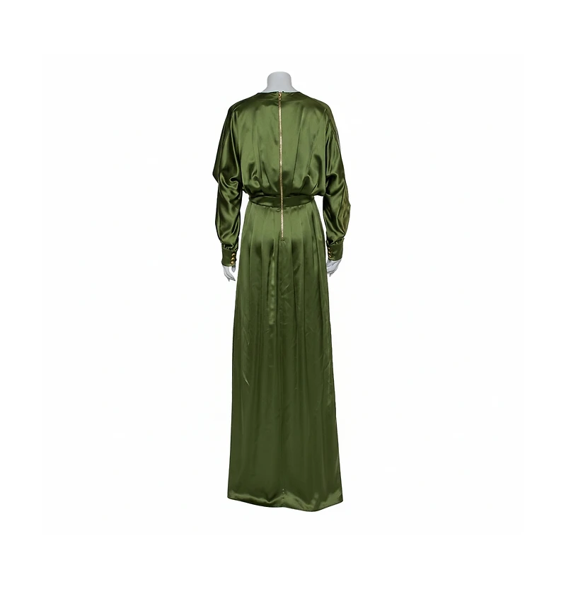 Pre-Owned Balmain Women's Green Silk Satin Pleated Front Slit Detail Maxi Dress