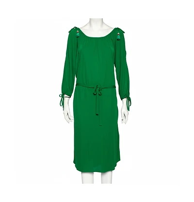 Pre-Owned Roberto Cavalli Women's Green Jersey Cold Shoulder Tassel Tie Detailed Belted Dress