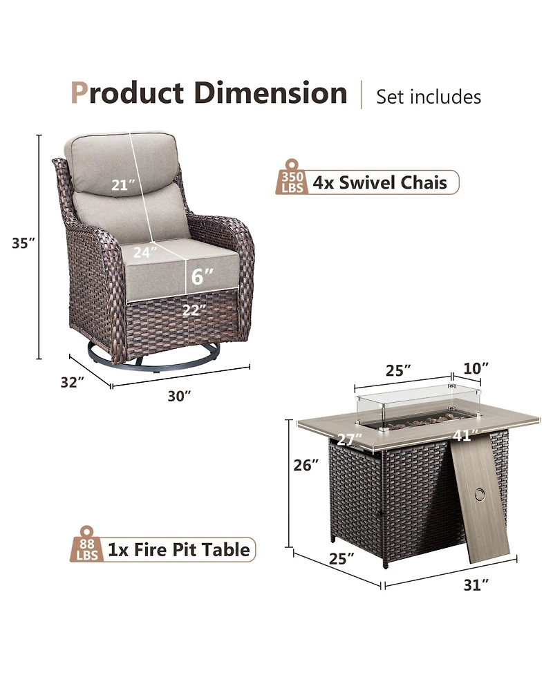 Gymojoy Crescent All-weather Pe Wicker Fire Pit Conversation Set with Olefin 6 In. Thick Cushions Patio Swivel Chairs (5-Piece