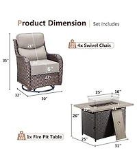 Gymojoy Crescent All-weather Pe Wicker Fire Pit Conversation Set with Olefin 6 In. Thick Cushions Patio Swivel Chairs (5-Piece