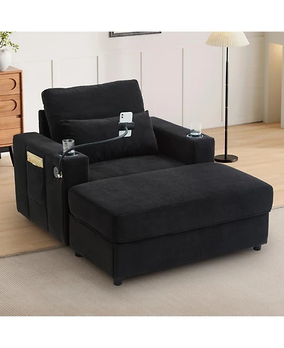 Streamdale Furniture Modern Armchair Chaise Lounge Sofa with Ottoman, Usb Ports & Cup Holders - Black