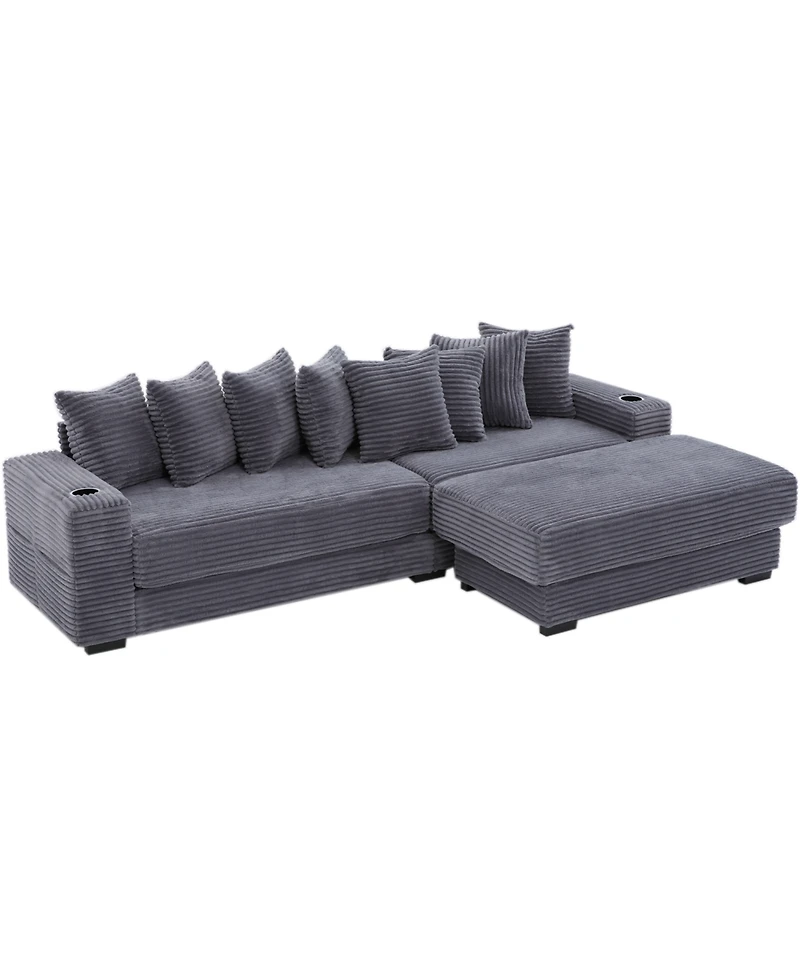 Streamdale Furniture Corduroy L-Shaped Sectional Sofa with Ottoman, Pillows & Cup Holders