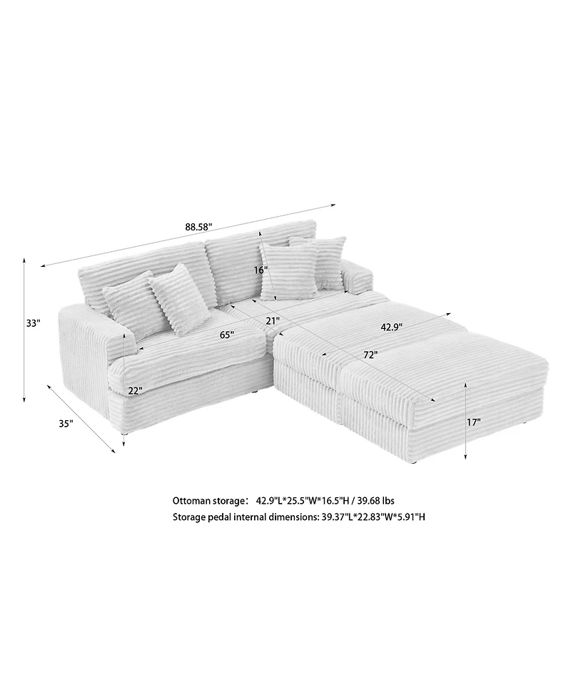 Streamdale Furniture White Corduroy Sofa w/ Storage Legs & Pillows